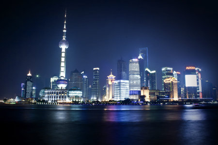 A perspective view of Shanghai in 2010, with a night, dark, gotham-like feeling