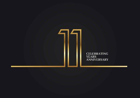 11 Years Anniversary logotype with golden colored font numbers made of one connected line, isolated on black background for company celebration event, birthdayのイラスト素材
