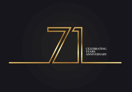 71 Years Anniversary logotype with golden colored font numbers made of one connected line, isolated on black background for company celebration event, birthdayのイラスト素材