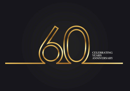 60 Years Anniversary logotype with golden colored font numbers made of one connected line, isolated...
