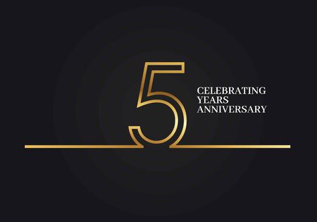 5 Years Anniversary logotype with golden colored font numbers made of one connected line, isolated on black background for company celebration event, birthdayのイラスト素材