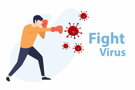 Vector illustration fight covid-19 corona virus. cure corona virus. people fight virus concept. corona viruses vaccine concept. end of 2019-ncov. don't be afraid of the corona virus concept.のイラスト素材