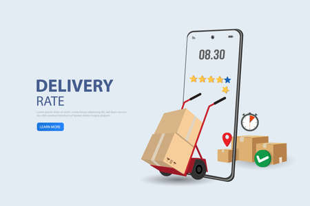 Online shopping or mobile shopping app concept, young man consumer holding credit cart pushing full of goods and box packages in shopping cart trolley running from website or app on mobile smart phoneのイラスト素材