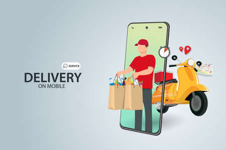 Fast delivery by scooter on mobile phone. Order package in E-commerce by app. Courier send package by motorcycle. Vector illustrationのイラスト素材