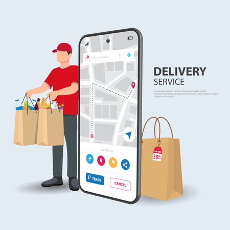 Online food delivery design. Young courier delivering box order with City map route navigation...