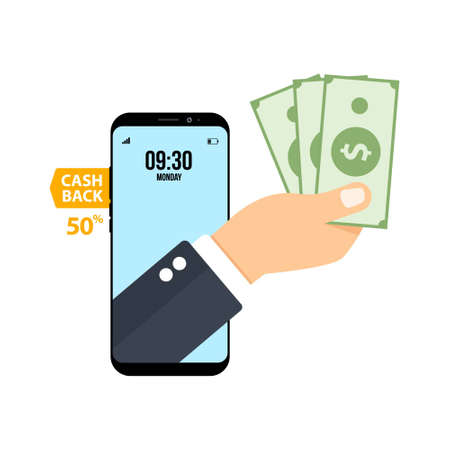 Isometric money cash back. Mobile phone with coin cashback of payment. Online percentage refund from pay in internet. Flying money in smartphone from transaction in shop. Investment concept. vectorのイラスト素材