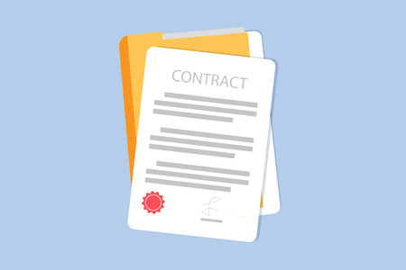 Signed contract or document. Document, folder with stamp and text silhouettes. Contract conditions,...