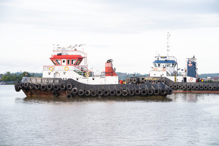 Berau,Indonesia-Feb 7,2021:View of offshore vessels in Berau.Its specially designed ships for...