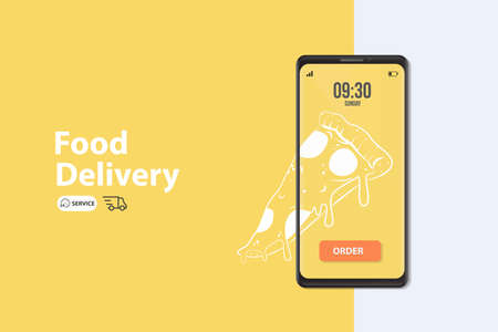 Ecommerce concept: order food online website. Fast food pizza delivery online service. Flat isometric vector illustration. Can be used for advertisement, infographic, game or mobile apps icon.のイラスト素材