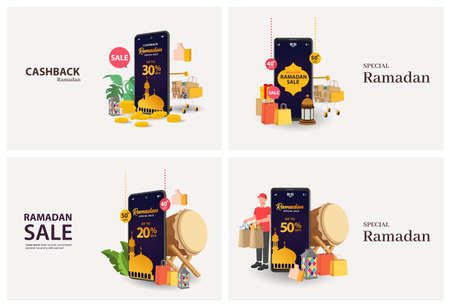 Set Ramadan sale banners or Cashback set,discount and best offer tag, label or sticker set on occasion of Ramadan Kareem and Eid Mubarak, vector illustrationのイラスト素材