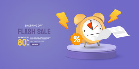 3D alarm clock with Receipt paper and podium, promotions flash sale Shopping banner on purple background. Vector illustrationのイラスト素材