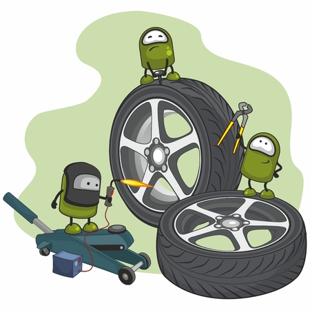 Small characters repairing car wheelsのイラスト素材