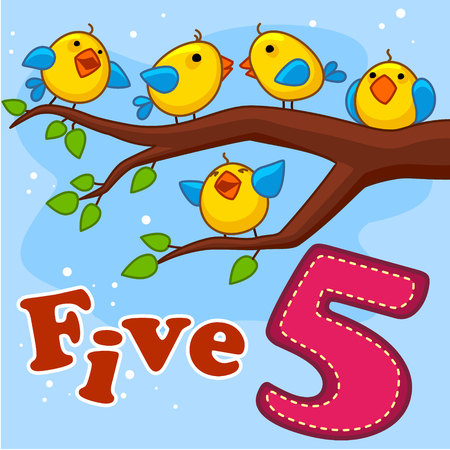 Five yellow bird sitting on a treeのイラスト素材