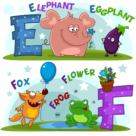 English alphabet with letters e and f and pictures to themのイラスト素材