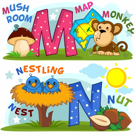 Colored cartoon English alphabet with letters M and N for children.のイラスト素材