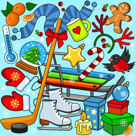 Cartoon New Year objects for children, design, banners, icons.のイラスト素材