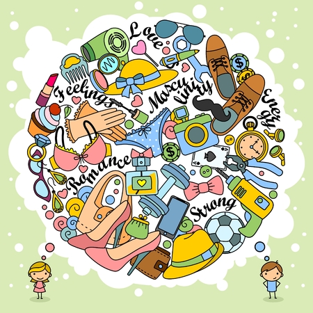 Illustration of a man and a woman who think. Image of objects in the circle of what people think. Objects or doodles painted for design or printing.のイラスト素材