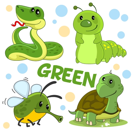 A set of wild animals, insects and reptiles of green color for children and design. The image of a character, snakes, caterpillars, flies and turtles.のイラスト素材