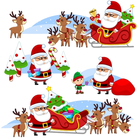 Set of illustrations with Santa Claus for children and design, Santa with deers and sleigh rides, with an elf, with sweets and a bag of gifts.のイラスト素材