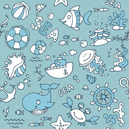 Seamless nautical children's pattern for children and design. With the image of fish, whale, crab, shells, ship, anchor, rudder of the ship, starfish and algae.のイラスト素材