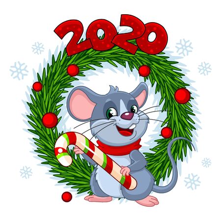 Greeting card for Christmas. Illustration of a merry mouse that holds a candy. Christmas wreath made of spruce with toys and figures 2020のイラスト素材