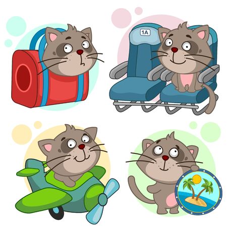 Set of children's illustrations for children and design. A cat in a bag, luggage, Sits on a seat in an airplane, flies in an airplane, holds a souvenir.のイラスト素材