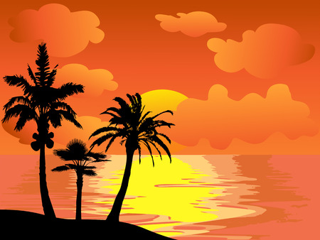 the beautiful landscape of palm trees island at sunset のイラスト素材