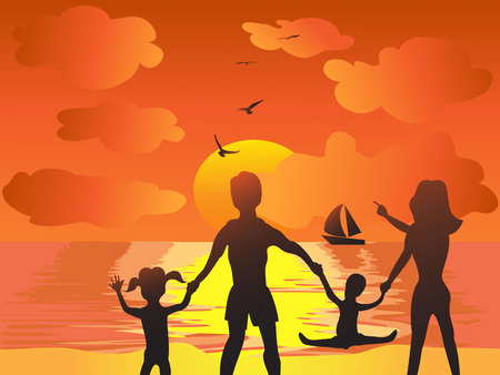 joyfu family in the sunset beachのイラスト素材