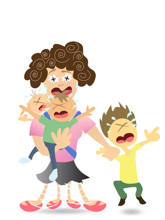 Stressed Mom very tired with 3 kidsのイラスト素材