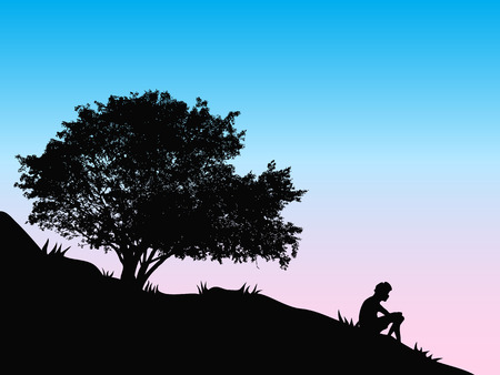 a guy sitting near a tree on the hill to watch sunsetのイラスト素材