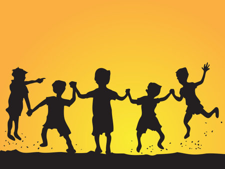 a group of happy kids playing at sunsetのイラスト素材
