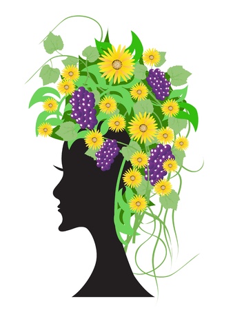 a woman profile with green floralのイラスト素材