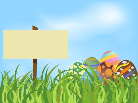 Easter Eggs and signboard on Grassのイラスト素材