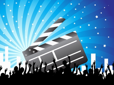 a clapper and crowds on the blue ray background のイラスト素材
