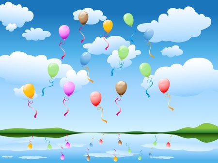 many colorful balloons floating in the blue skyのイラスト素材