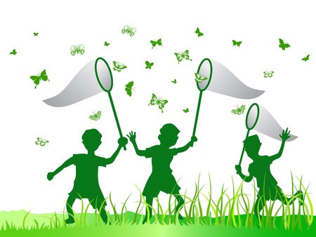 kids catching butterfly in green colorのイラスト素材