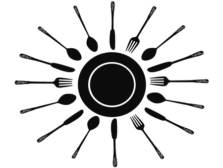 Fork spoon and knife around the dishのイラスト素材