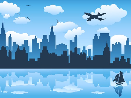 city in blue sky and its reflection on waterのイラスト素材