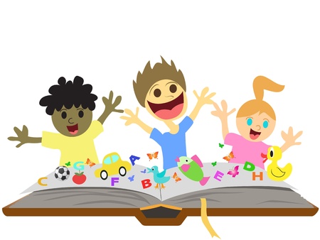 happy kids playingand learning  in front of bookのイラスト素材