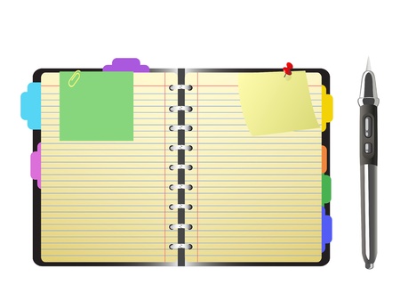 open personal organizer and pen on white backgroundのイラスト素材