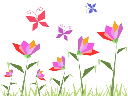 paper flowers and butterfly flying aroundのイラスト素材
