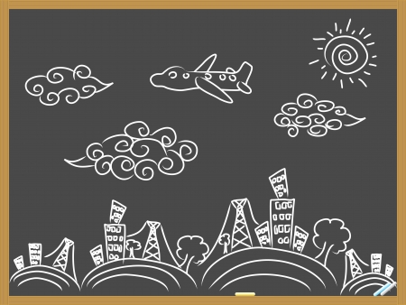 hand drawing doodle travel background drew on blackboardのイラスト素材
