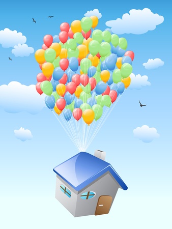 house with balloons flying in the blue sky for real estate designのイラスト素材