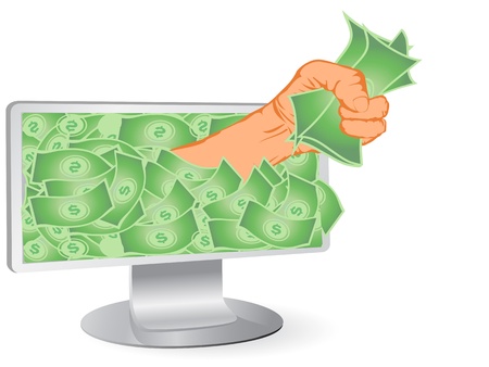 Hand with money coming from computer monitor のイラスト素材