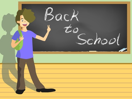 school boy with the sign of back to school on blackboard   のイラスト素材