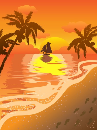 beautiful sunset seascape with footsteps on the beachのイラスト素材