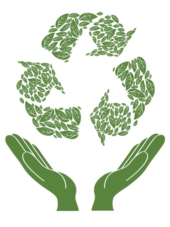 isolated green recycling sign above hand on white backgroundのイラスト素材