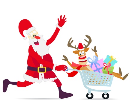 happy Santa Claus running shopping cart with deer and gifts on white backgroundのイラスト素材