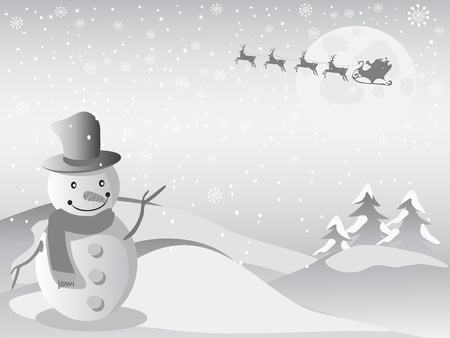 the Christmas background of santa flying in the sky and snowman standing on the frontのイラスト素材
