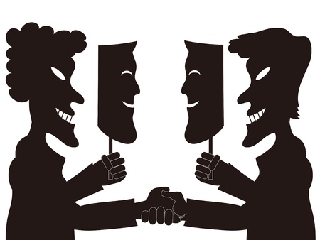 two hypocrite businessmen holding fake masks each otherのイラスト素材